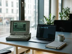 Zwei Laptops auf einem Büroschreibtisch in München, einer mit veralteter Benutzeroberfläche, einer mit modernem Betriebssystem, Kaffeetasse und Notizbuch daneben.