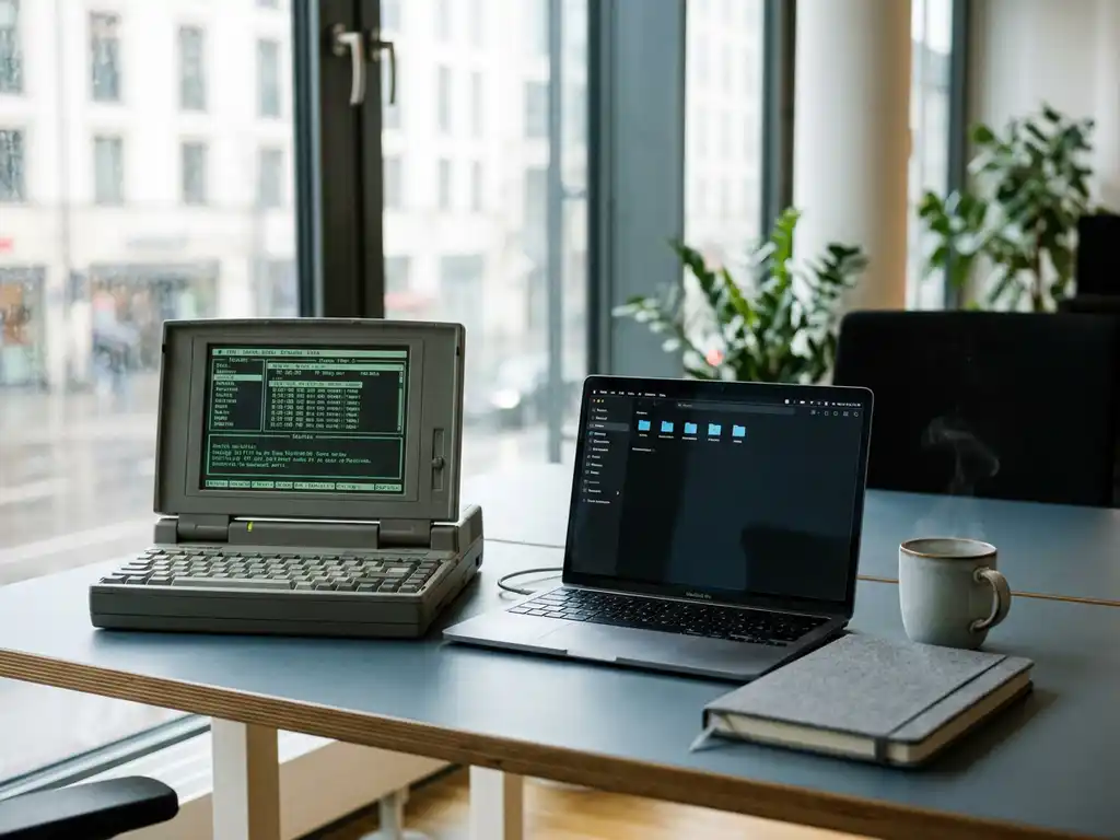 Zwei Laptops auf einem Büroschreibtisch in München, einer mit veralteter Benutzeroberfläche, einer mit modernem Betriebssystem, Kaffeetasse und Notizbuch daneben.