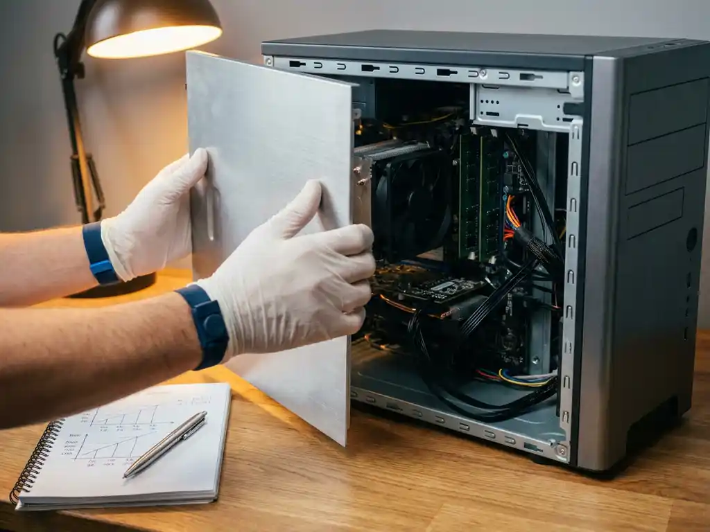 Techniker öffnet Desktop-PC-Tower und gibt RAM, CPU-Kühler und Kabel frei, daneben Notizblock mit Performance-Benchmarks.