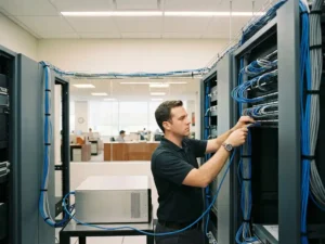 Neue Desktop-Workstation wird in einem Serverraum an ein strukturiertes Netzwerk-Patchpanel angeschlossen, Ethernet-Kabel ordentlich verlegt.