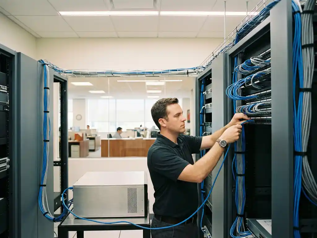 Neue Desktop-Workstation wird in einem Serverraum an ein strukturiertes Netzwerk-Patchpanel angeschlossen, Ethernet-Kabel ordentlich verlegt.