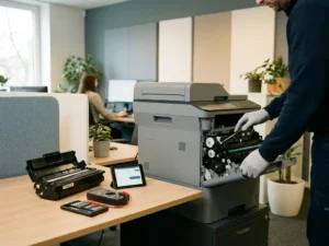 Techniker untersucht Papiereinzug eines Multifunktionsdruckers, Tonerkartusche und Diagnosewerkzeuge auf dem Schreibtisch daneben.