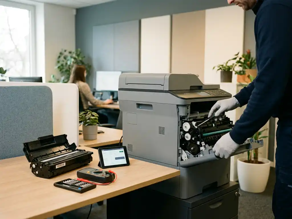 Techniker untersucht Papiereinzug eines Multifunktionsdruckers, Tonerkartusche und Diagnosewerkzeuge auf dem Schreibtisch daneben.