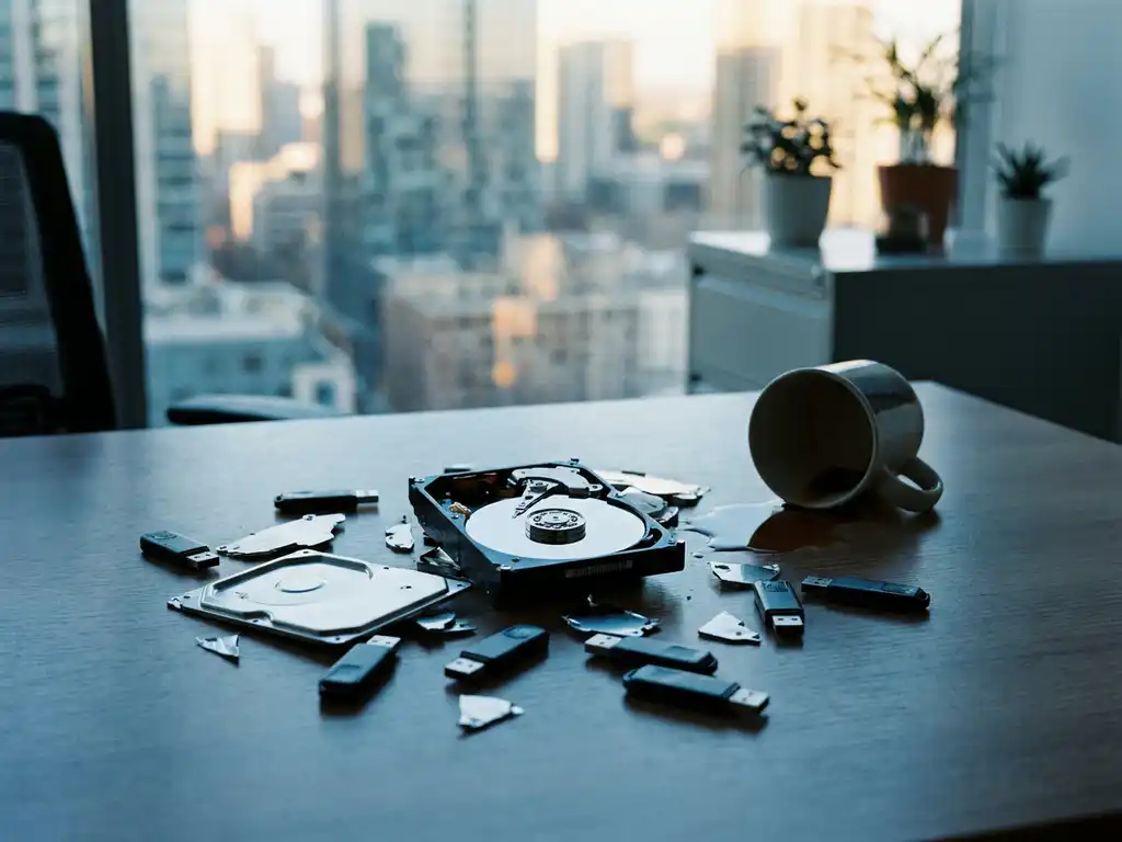 Zerbrochene Festplatte auf Büroschreibtisch mit freiliegenden Magnetscheiben, verstreuten USB-Sticks und umgekippter Kaffeetasse.
