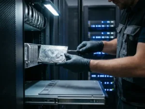 Techniker in Handschuhen entnimmt beschädigte Festplatte aus Server-Rack und legt sie auf antistatische Matte.