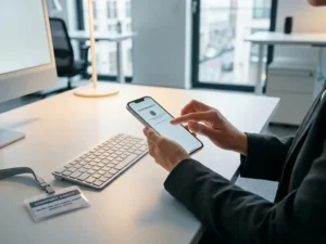 Hände konfigurieren ein iPhone auf einem modernen Büroschreibtisch in München, Tastatur und Firmenausweis im Hintergrund.