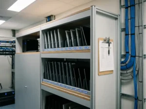 Ordentlich beschriftete Laptops und Tablets in Ladeslots eines IT-Regals, Klemmbrett mit Checkliste, moderner Serverraum mit Kabelmanagement.