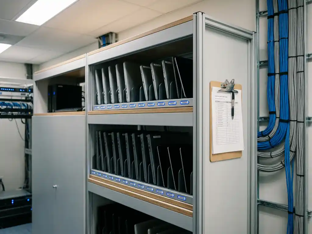 Ordentlich beschriftete Laptops und Tablets in Ladeslots eines IT-Regals, Klemmbrett mit Checkliste, moderner Serverraum mit Kabelmanagement.