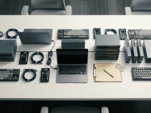 Overhead-Aufnahme eines IT-Inventars mit Laptops, Tastaturen, Netzwerk-Switches und Klemmbrett auf einem Schreibtisch.