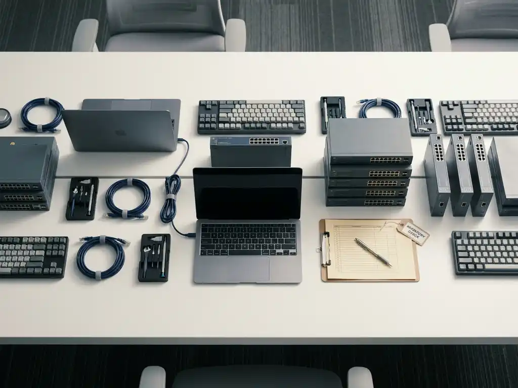 Overhead-Aufnahme eines IT-Inventars mit Laptops, Tastaturen, Netzwerk-Switches und Klemmbrett auf einem Schreibtisch.