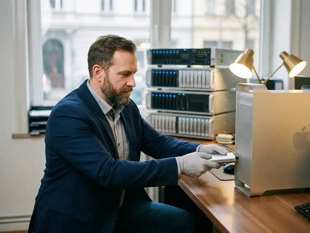 IT-Support-Techniker schließt externe Backup-Festplatte an Workstation an, Serverracks im Hintergrund, professionelles Büro München.