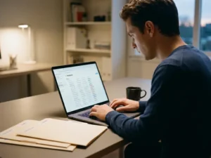 IT-Support-Techniker organisiert digitale Kundendatenbank auf Laptop, umgeben von Ordnern und Kaffeetasse auf modernem Schreibtisch.