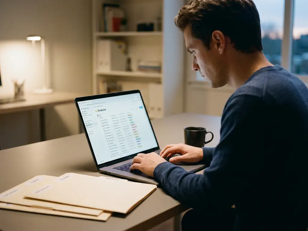 IT-Support-Techniker organisiert digitale Kundendatenbank auf Laptop, umgeben von Ordnern und Kaffeetasse auf modernem Schreibtisch.