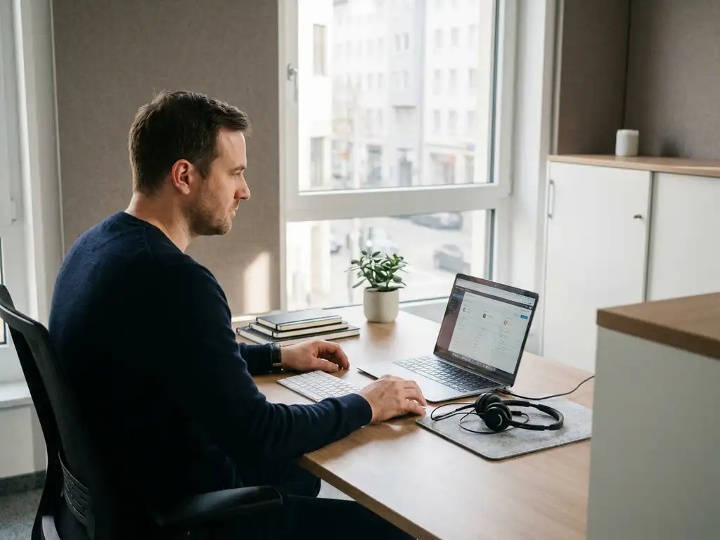 IT-Support-Fachkraft mit Headset am modernen Büroschreibtisch in München, Laptop und aufgeräumter Arbeitsplatz im natürlichen Fensterlicht.