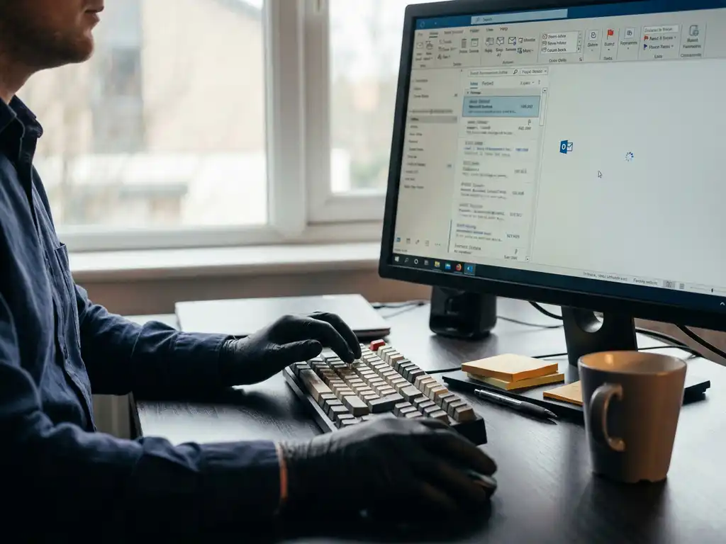 IT-Techniker tippt auf Tastatur vor Monitor mit eingefroреnem Outlook-Posteingang im modernen Büro.