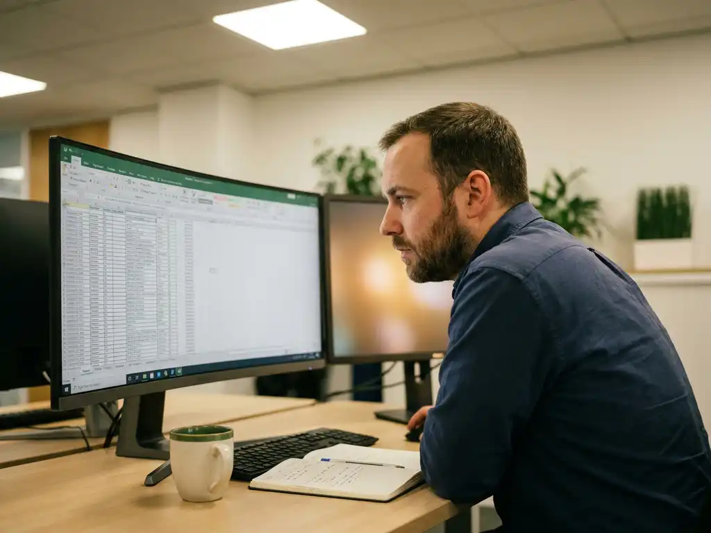 IT-Support-Spezialist analysiert komplexe Excel-Tabelle auf großem Monitor, zweiter Bildschirm im Hintergrund, modernes Büro.