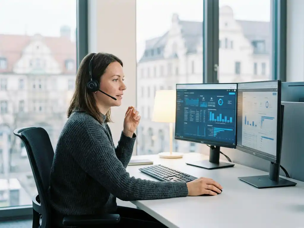 IT-Support-Spezialist mit Headset an modernem Schreibtisch in Münchner Büro, prüft Systemdashboards auf zwei Monitoren.