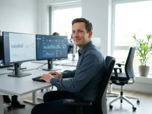 IT-Support-Spezialist mit Headset tippt an einem aufgeräumten Help-Desk mit zwei Monitoren, die System-Dashboards anzeigen.