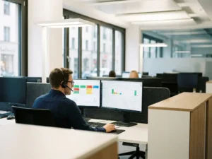IT-Support-Spezialist mit Headset an modernem Help-Desk-Arbeitsplatz mit zwei Monitoren in einem Münchner Büro.