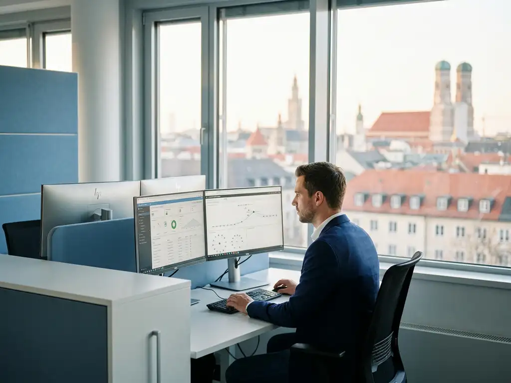 IT-Support-Spezialist am modernen Helpdesk mit zwei Monitoren, Münchner Skyline im Hintergrund, natürliches Tageslicht.