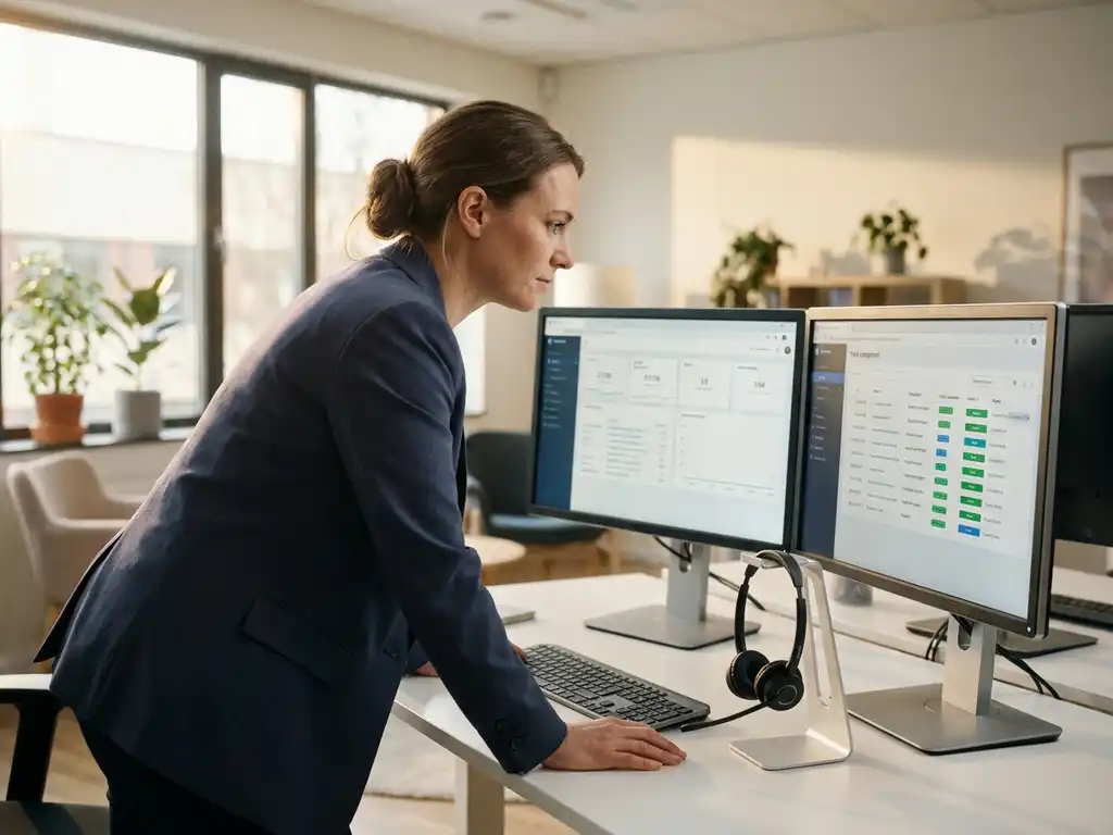 IT-Support-Spezialist arbeitet konzentriert an zwei Monitoren mit Dashboards, Headset auf dem Schreibtisch, modernes Büro mit warmem Licht.