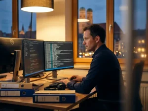 IT-Support-Techniker analysiert Anwendungsprotokolle auf Dual-Monitor-Workstation mit München-Panorama im Hintergrund.