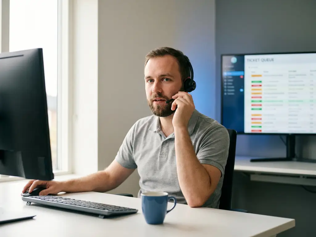 IT-Support-Techniker mit Headset am modernen Arbeitsplatz, im Hintergrund ein Monitor mit geöffneter Ticket-Warteschlange.