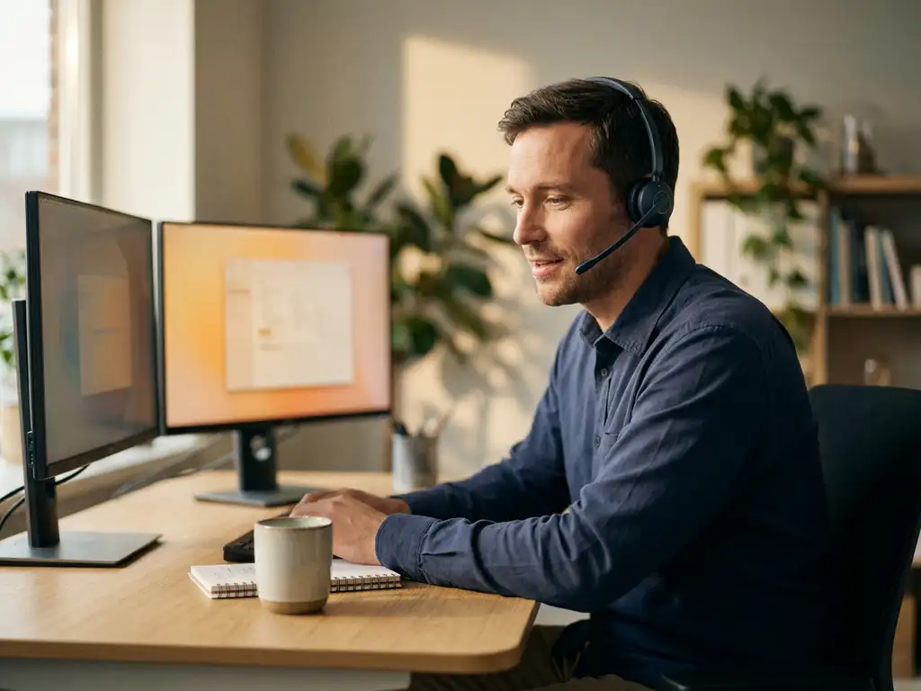 IT-Support-Techniker mit Headset am modernen Helpdesk, zwei Monitore im Hintergrund, Notizblock und Kaffeetasse auf dem Schreibtisch.