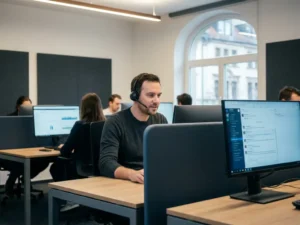 IT-Support-Techniker mit Headset am modernen Helpdesk in einem Münchner Büro mit zwei Monitoren im Hintergrund.