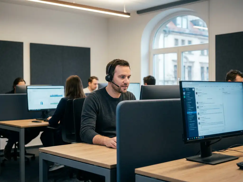IT-Support-Techniker mit Headset am modernen Helpdesk in einem Münchner Büro mit zwei Monitoren im Hintergrund.