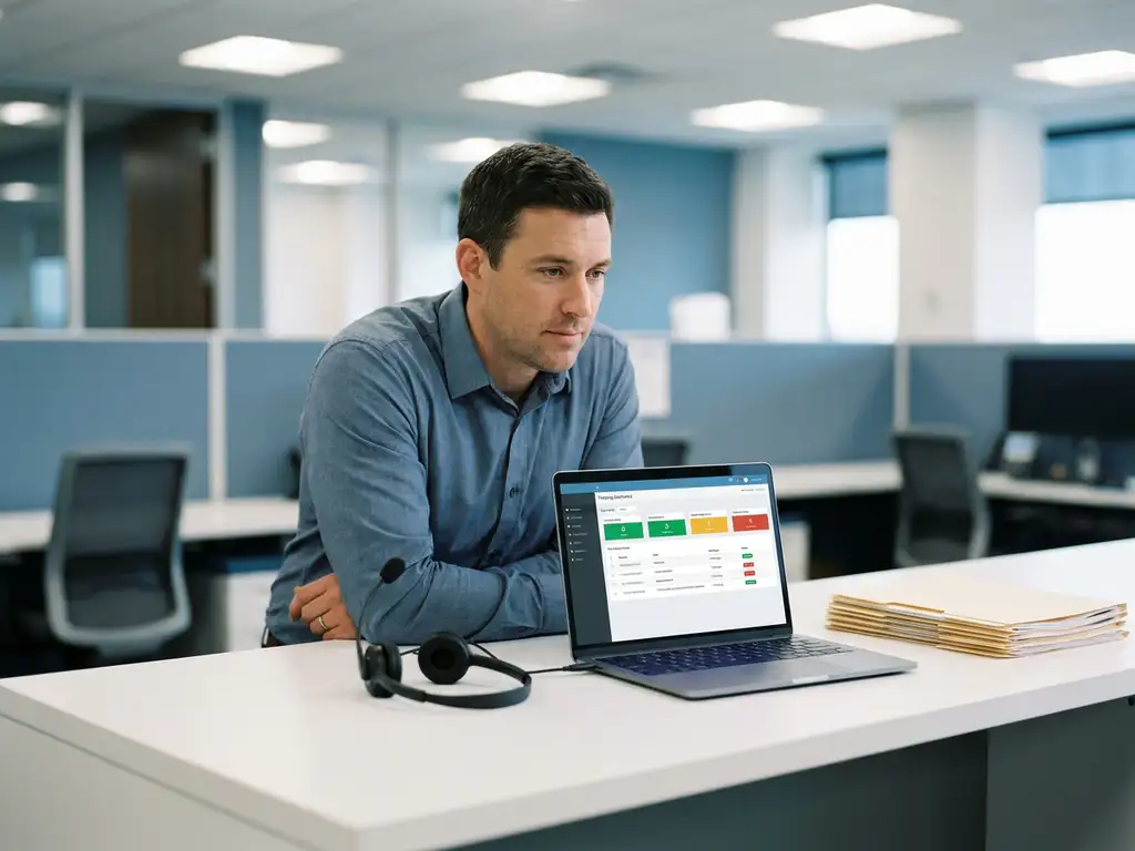IT-Support-Techniker am modernen Help-Desk mit Headset, Laptop und Ticketing-Dashboard in kühlem Stahlblau und Warmweiß.