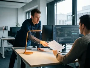 IT-Support-Techniker in modernem Münchner Büro übergibt Kollegen einen Incident-Report, Systemdiagnostik auf Monitor im Hintergrund.