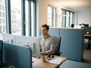 IT-Techniker im Büro arbeitet konzentriert an zwei Monitoren, Headset und Checkliste auf dem Schreibtisch, München.