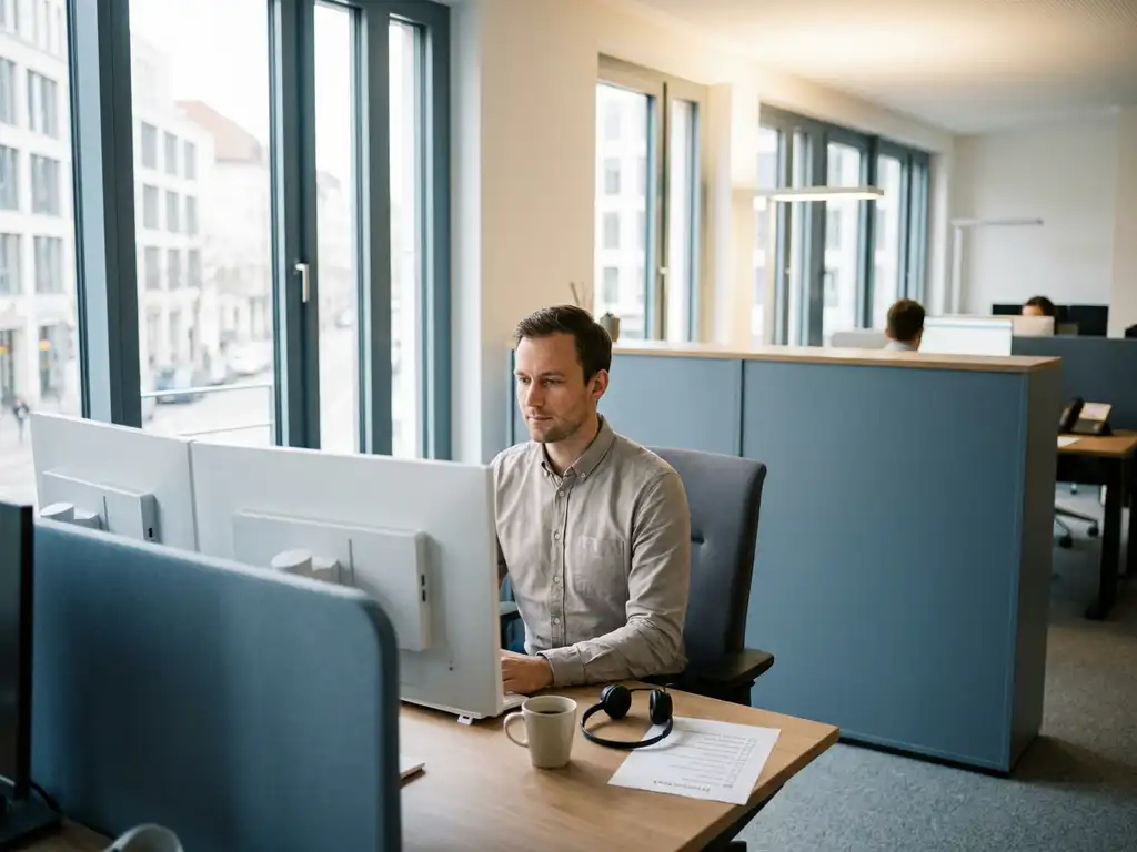IT-Techniker im Büro arbeitet konzentriert an zwei Monitoren, Headset und Checkliste auf dem Schreibtisch, München.