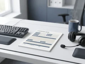 Ordentlicher IT-Support-Schreibtisch mit ausgedrucktem Ticket-Formular, Tastatur, Headset und dampfender Kaffeetasse im natürlichen Seitenlicht.