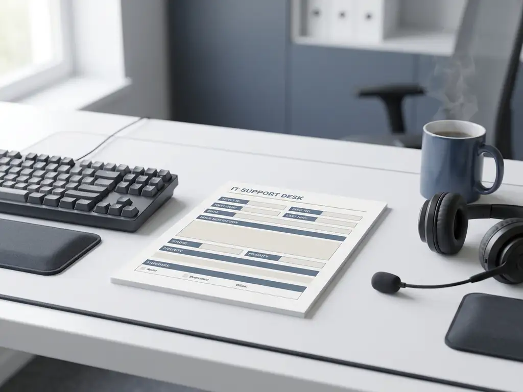 Ordentlicher IT-Support-Schreibtisch mit ausgedrucktem Ticket-Formular, Tastatur, Headset und dampfender Kaffeetasse im natürlichen Seitenlicht.