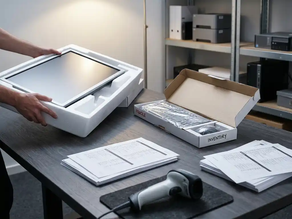IT-Techniker packt neue Tastatur, Maus und Monitor aus weißer Verpackung aus, umgeben von Inventarlisten und Barcode-Scanner auf dunklem Schreibtisch.