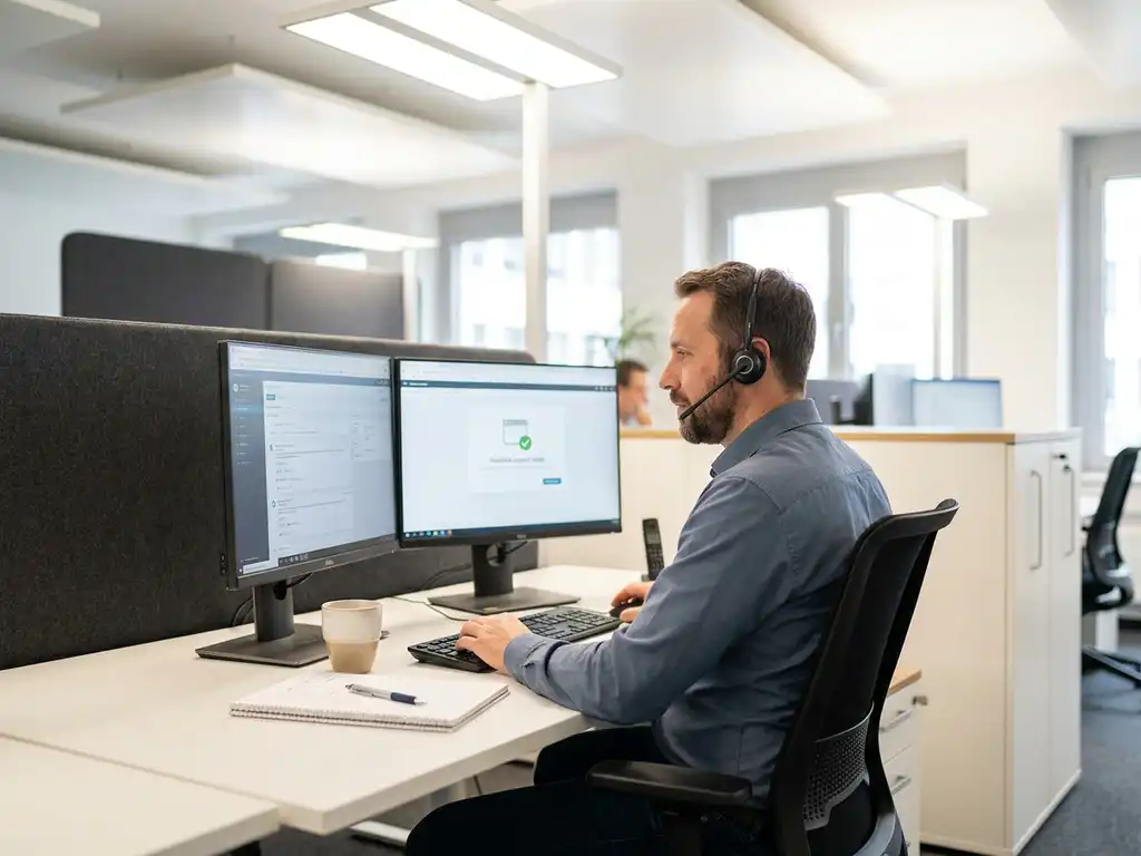 IT-Techniker mit Headset löst Support-Ticket an Dual-Monitor-Workstation in modernem Münchner Büro.