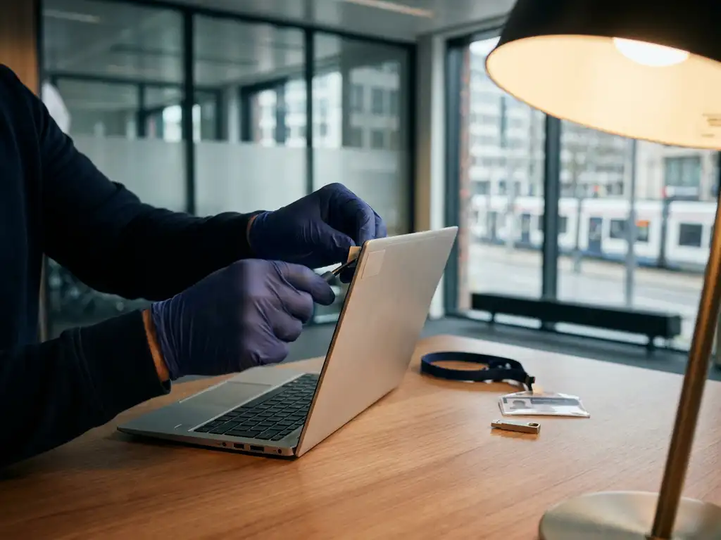 IT-Techniker mit Handschuhen installiert Software-Patch auf Laptop in Münchner Büro, Sicherheitsausweis und USB-Stick auf dem Schreibtisch.