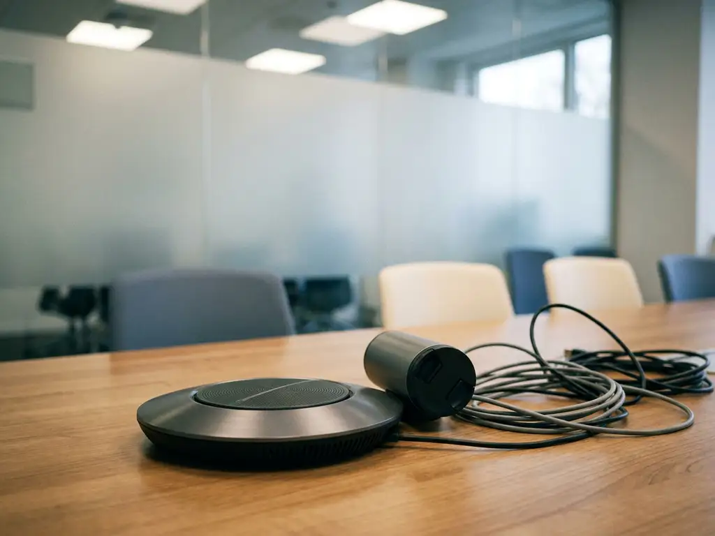 Konferenzkamera und Freisprechanlage auf poliertem Meetingtisch, leicht verschlungene Kabel, verschwommene Glaswand im Hintergrund.