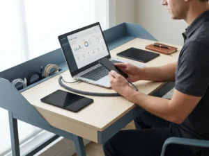 IT-Techniker konfiguriert Smartphone neben Laptop mit MDM-Konsole und Tablet auf modernem Büroschreibtisch.
