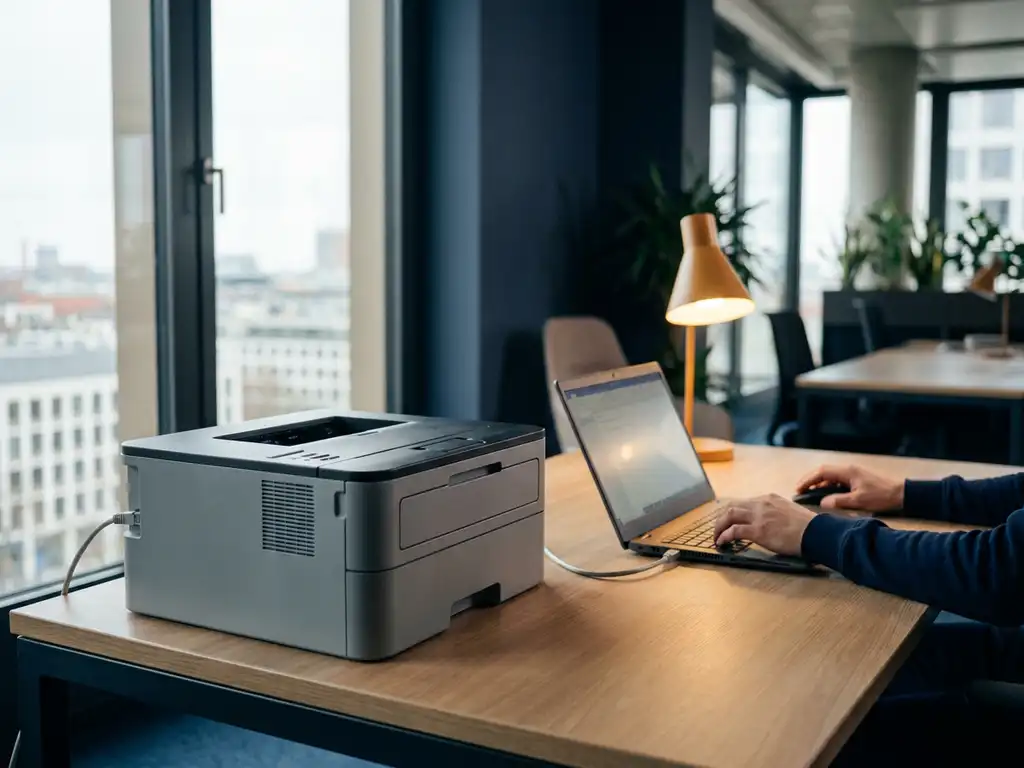 Netzwerkdrucker auf Schreibtisch in Münchner Büro, IT-Techniker konfiguriert Einstellungen am Laptop, Ethernet-Kabel verbindet Geräte.