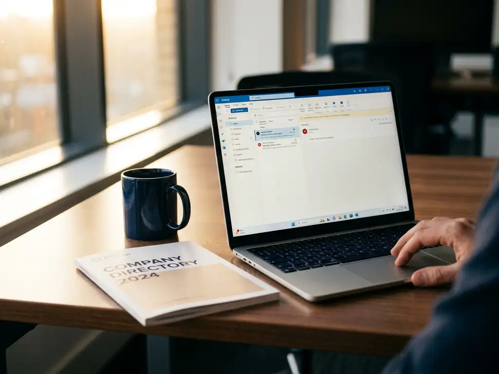 Laptop mit geöffnetem Outlook-Posteingang auf einem Büroschreibtisch, daneben Unternehmensverzeichnis und Kaffeetasse im Morgenlicht.