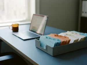 Farblich sortierte Papiertickets in einem Eingangskorb auf modernem Schreibtisch, Laptop und Kaffeetasse im unscharfen Hintergrund.