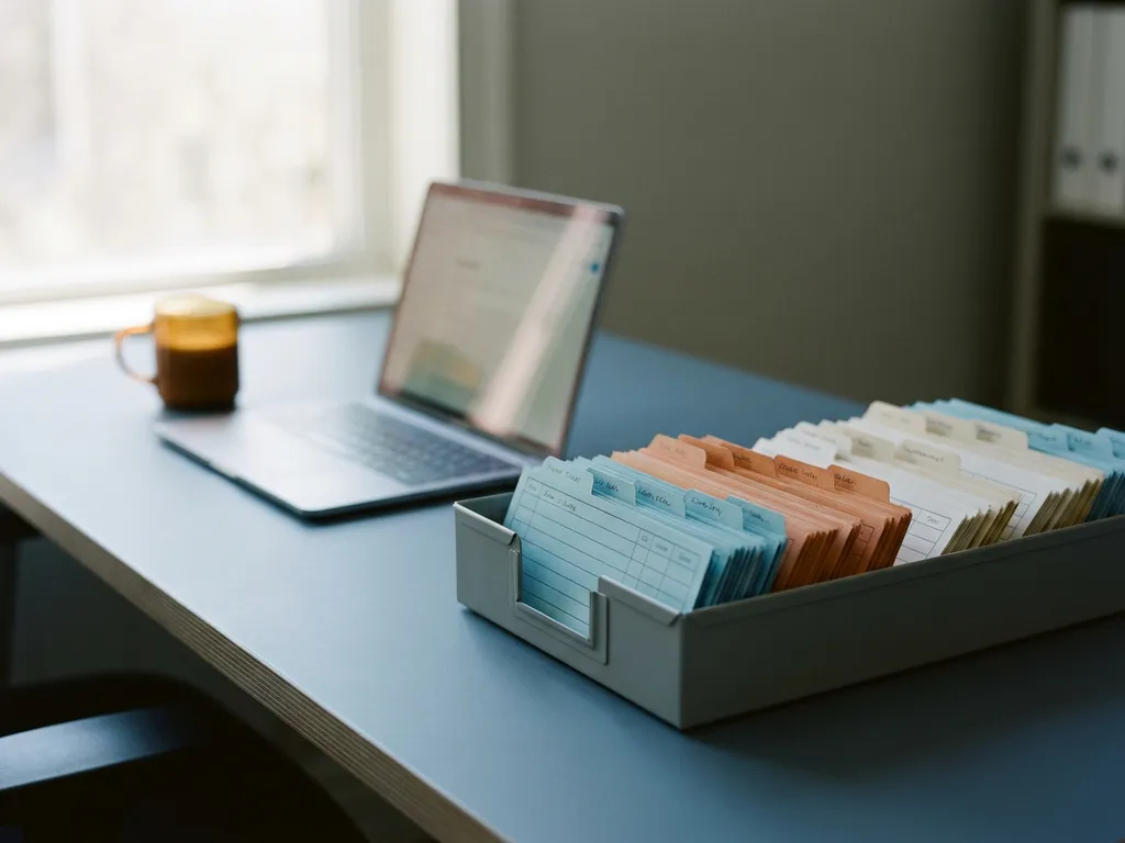 Farblich sortierte Papiertickets in einem Eingangskorb auf modernem Schreibtisch, Laptop und Kaffeetasse im unscharfen Hintergrund.