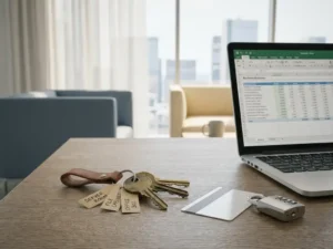 Schlüsselbund mit beschrifteten Schlüsseln auf einem Büroschreibtisch neben einem Laptop, Zutrittskarte und kleinem Vorhängeschloss.