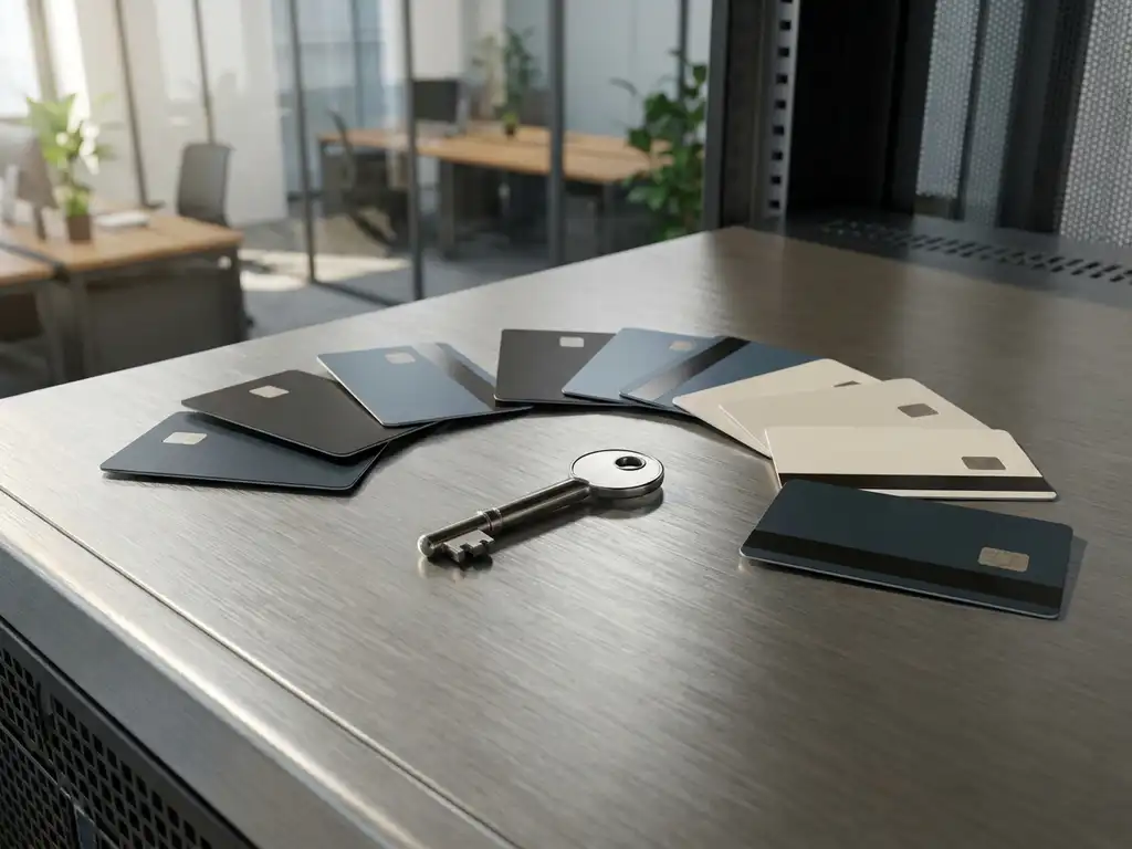 Physischer Schlüssel an einem Serverrack-Panel mit Zugangskarten im Bogen, modernes Büro in München im Hintergrund.