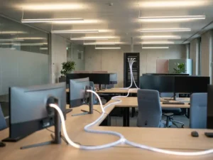Unternehmens-Workstations in modernem Büro erhalten gleichzeitige Software-Updates über einen zentralen Server, verbunden durch ein leuchtendes Kabel.