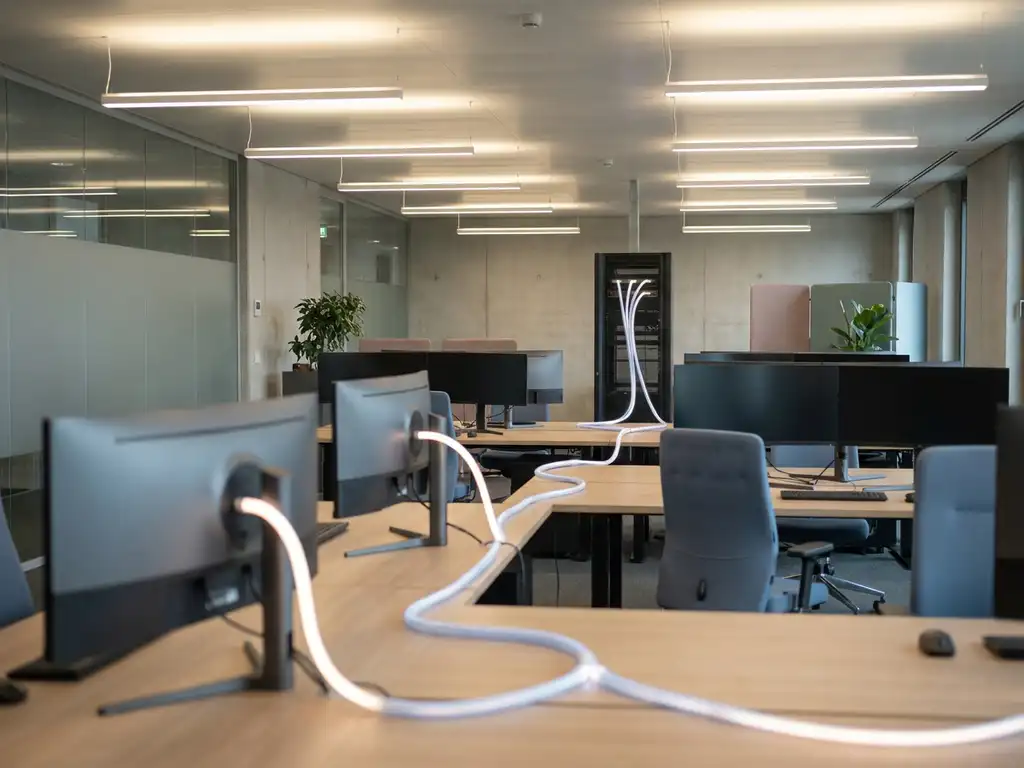 Unternehmens-Workstations in modernem Büro erhalten gleichzeitige Software-Updates über einen zentralen Server, verbunden durch ein leuchtendes Kabel.