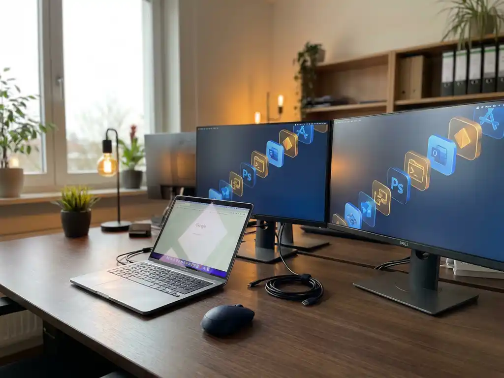 Laptop auf Büroschreibtisch mit Software-Icons auf verbundenen Monitoren, automatisiertes Deployment in modernem Arbeitsbereich.